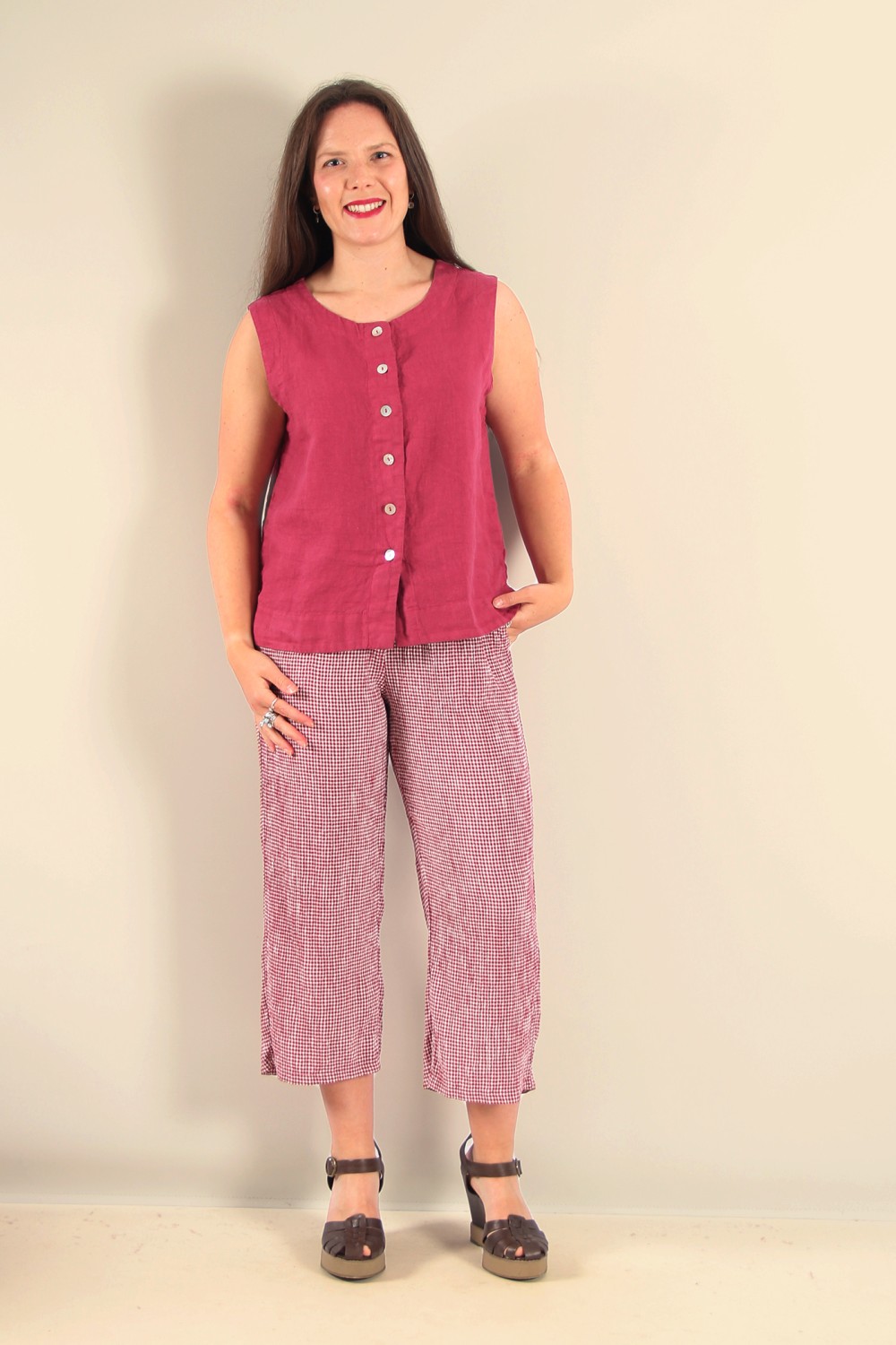 Cut Loose Button Linen Vest Rhubarb