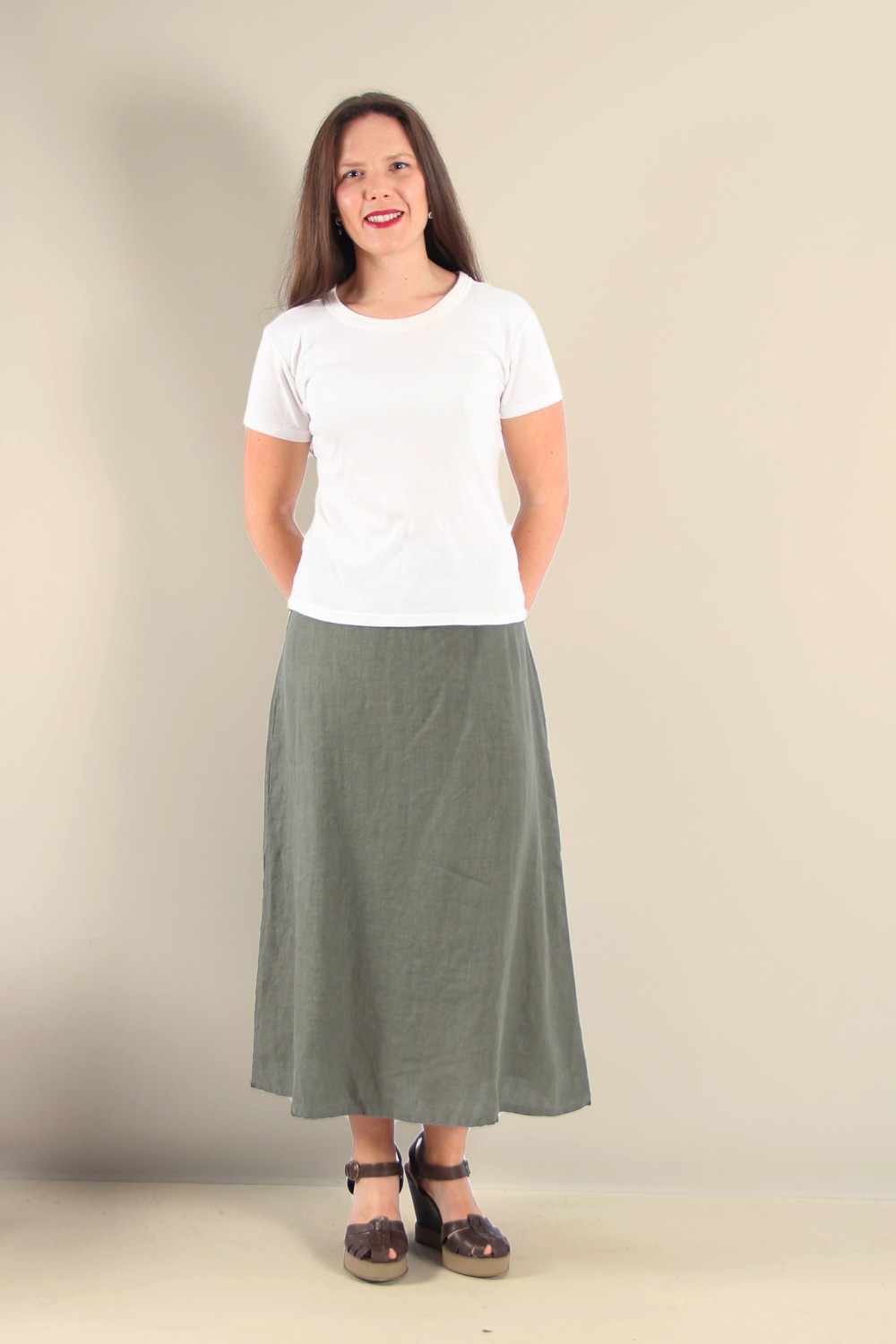 Cut Loose Soft Top Midi A-Line Linen Skirt Clay