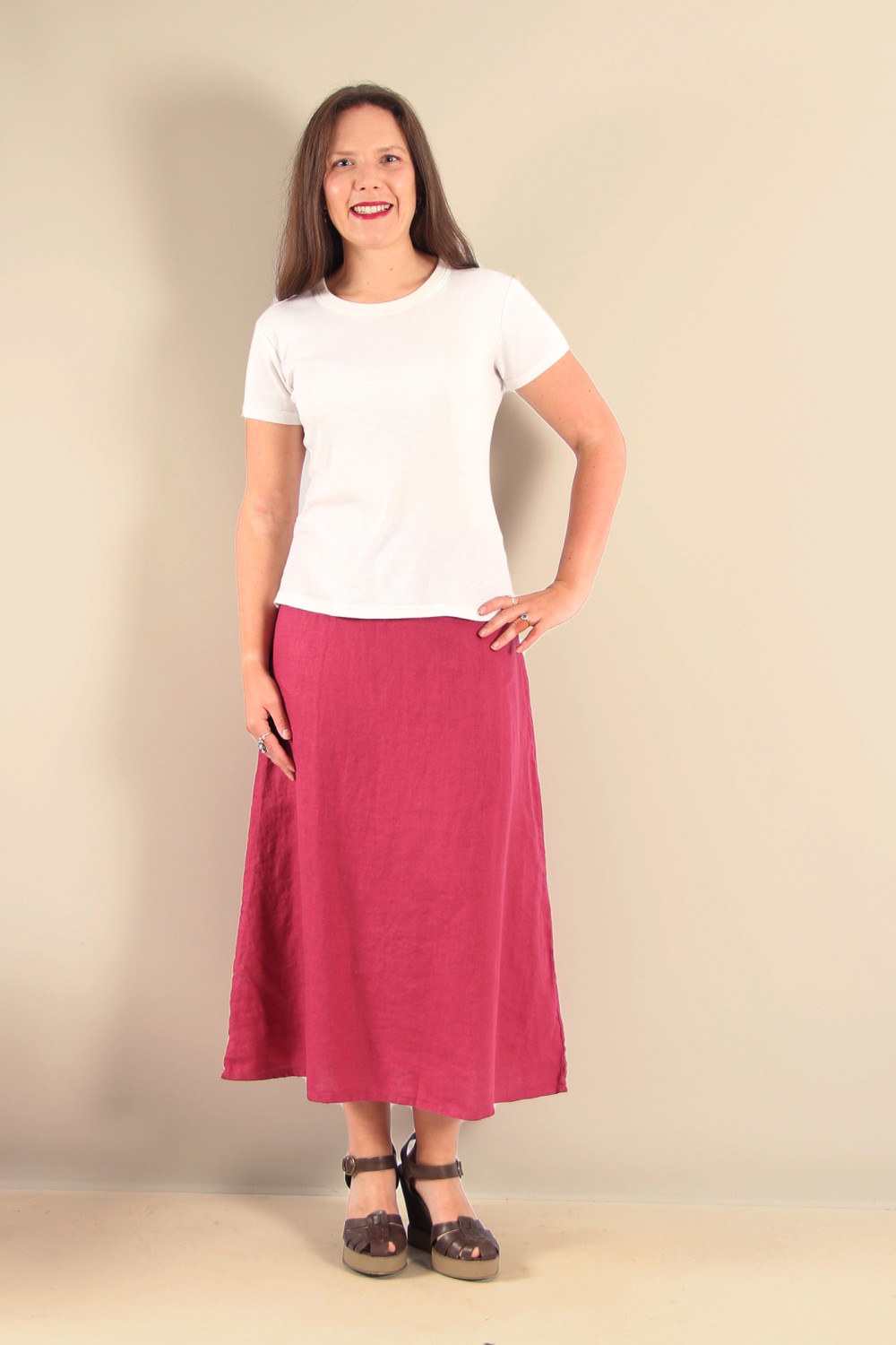 Cut Loose Soft Top Midi A-Line Linen Skirt Rhubarb