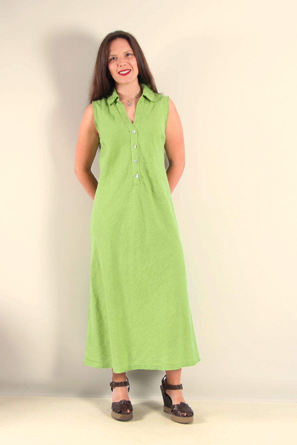 Cut Loose  Bias Cut Placket Linen Dress Verde