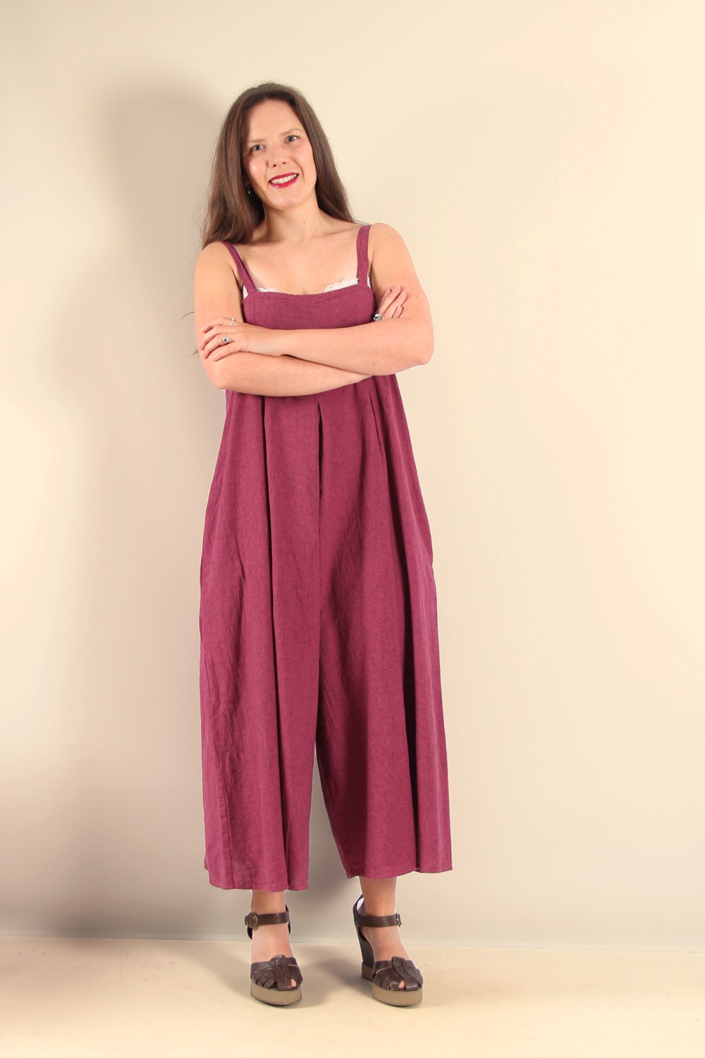 Cut Loose Cross Hatch Linen Crop Jumpsuit Rhubarb