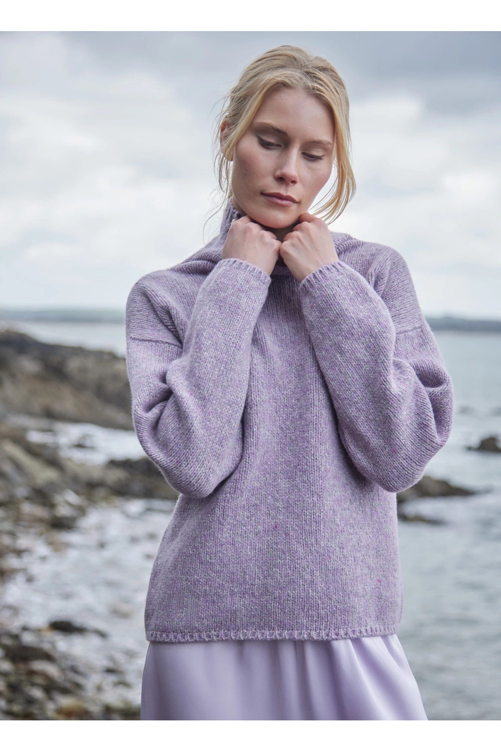 Fisherman Out Of Ireland Funnel Neck Slouchy Sweater Lilac