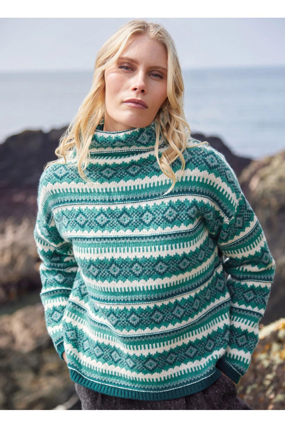 Fisherman Out Of Ireland Lambswool Fairisle Funnel Neck Sweater Wood