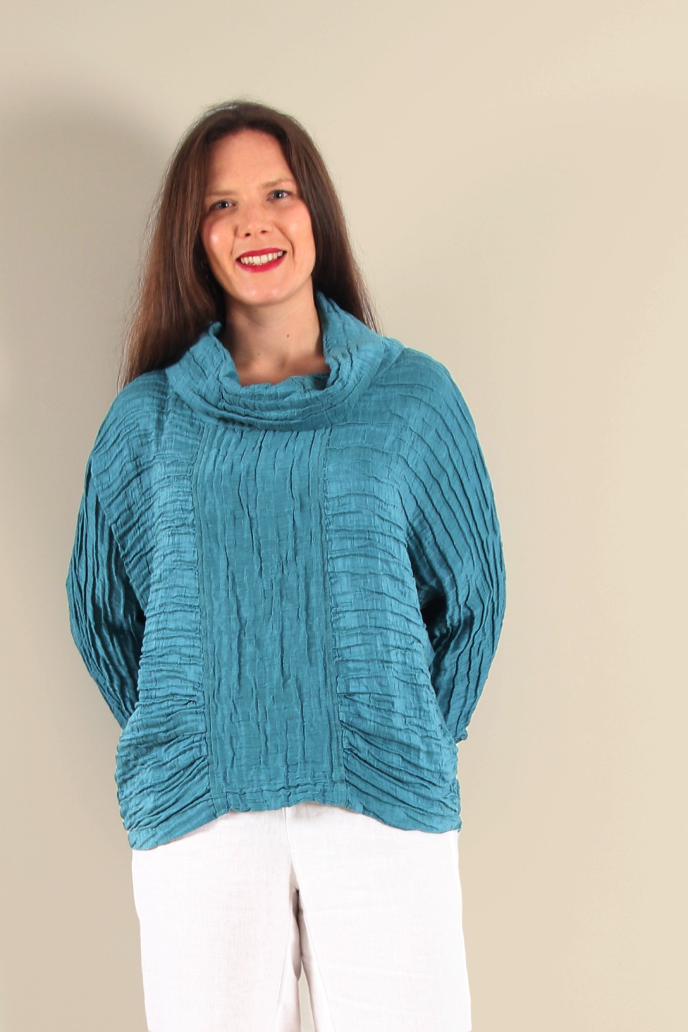 Grizas Silk/Linen Cowl Neck Top Ocean