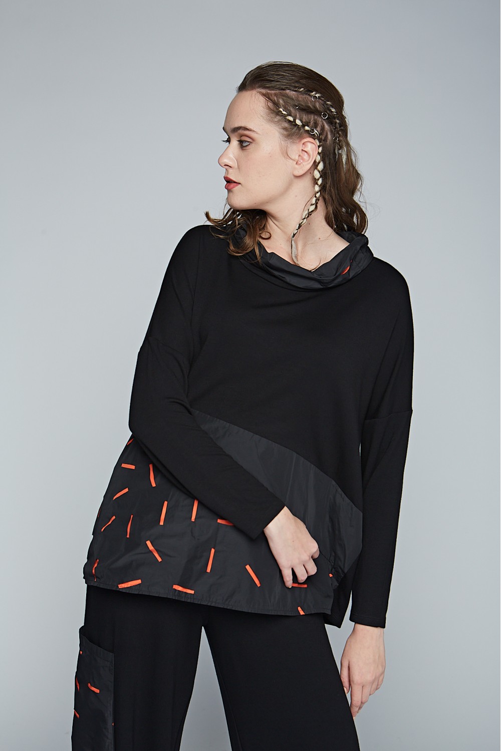 Luukaa Cowl Neck Boxy Top Black/Orange