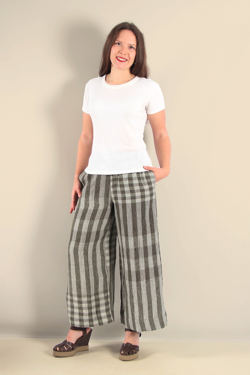 Mama B Pollo LQ Wide Leg Linen Check Trouser Alga