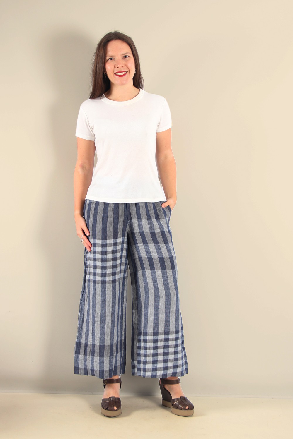 Mama B Pollo LQ Wide Leg Linen Check Trouser Blue