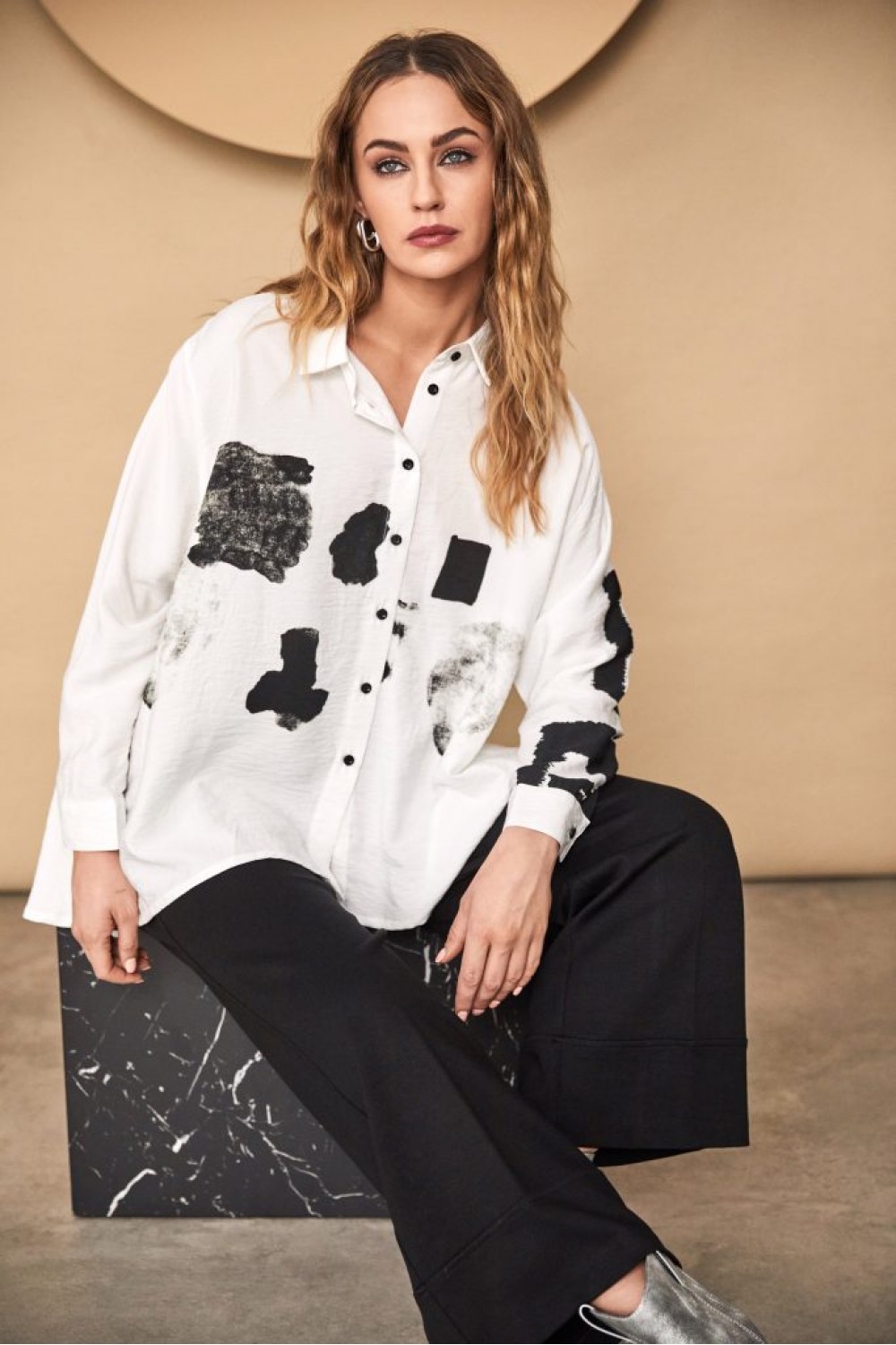 NAYA Placement Print Blouse Off White Black