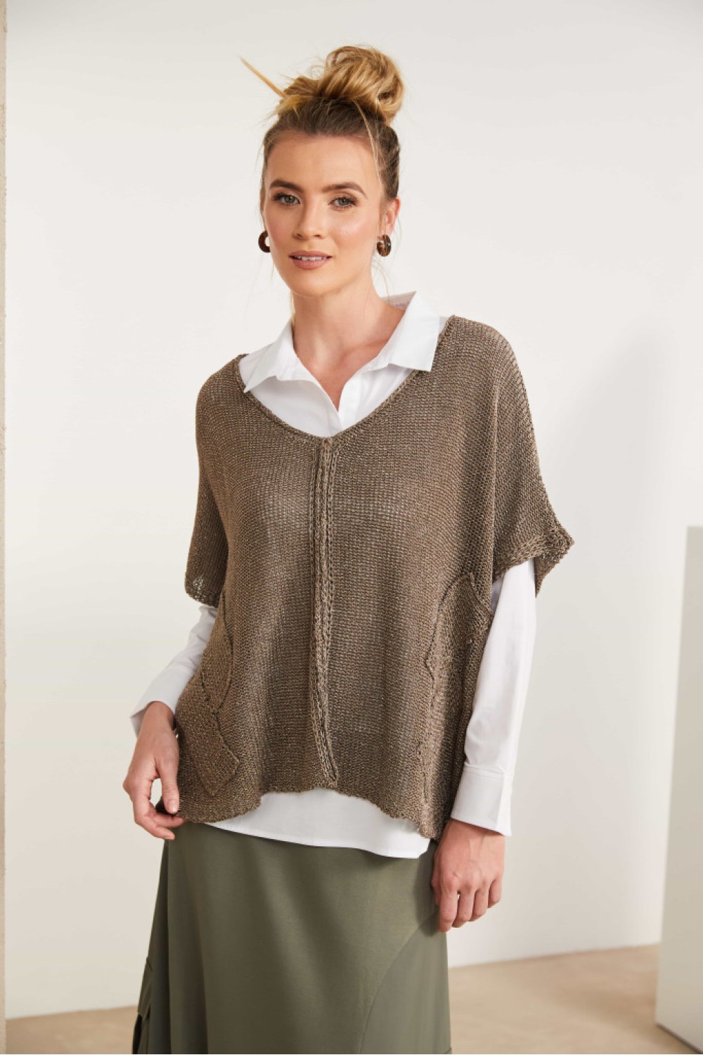 NAYA Square Oversize V Neck Knit With Layed On Sections Slate Grey