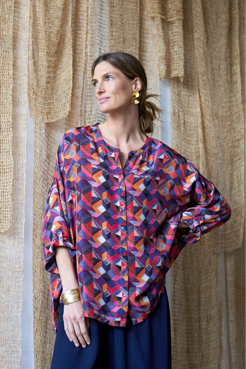 Sahara Small Stitched Squares Silk Shirt Multi