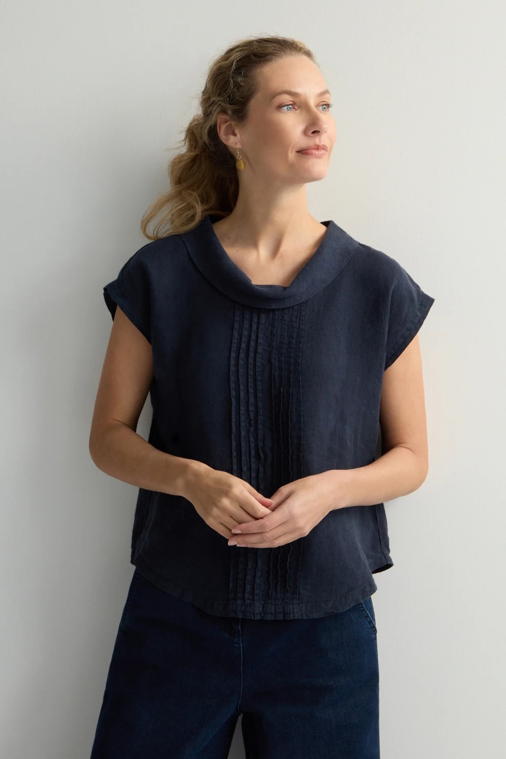 Sahara Organza Linen Pleat Front Top Navy