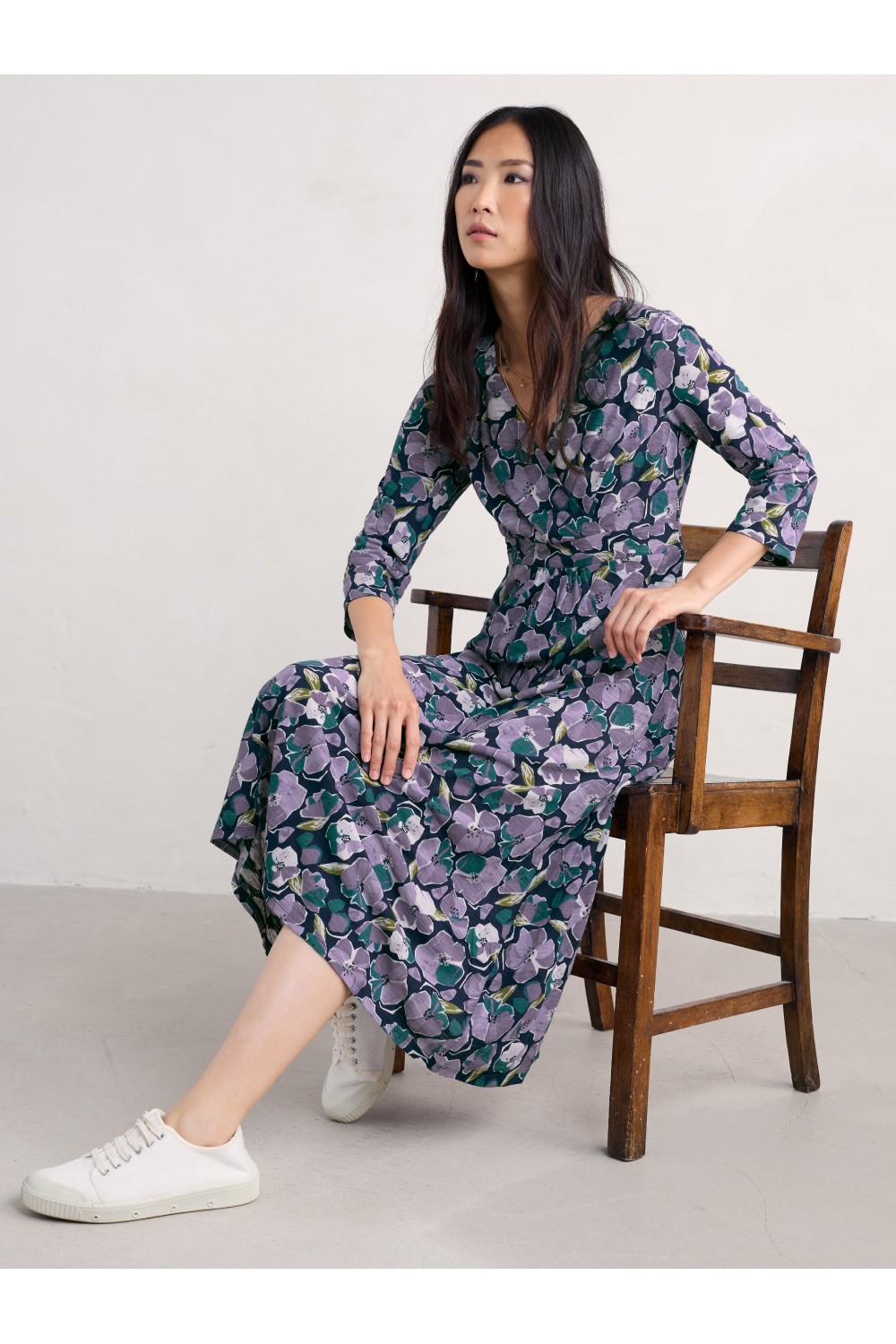 Seasalt Clothing Chapelle 3/4 Sleeve Dress Cotton Jersey Paper Hellebores Echium