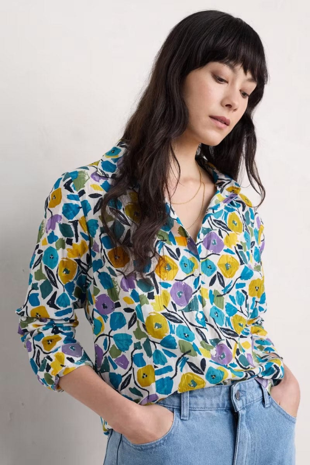 Seasalt Clothing Larissa Organic Cotton Shirt Zennor Blooms Chalk