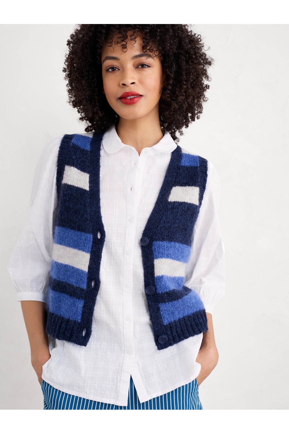 Seasalt Clothing Painter Striped Button-Down Vest Contains Mohair Carvannel Ink