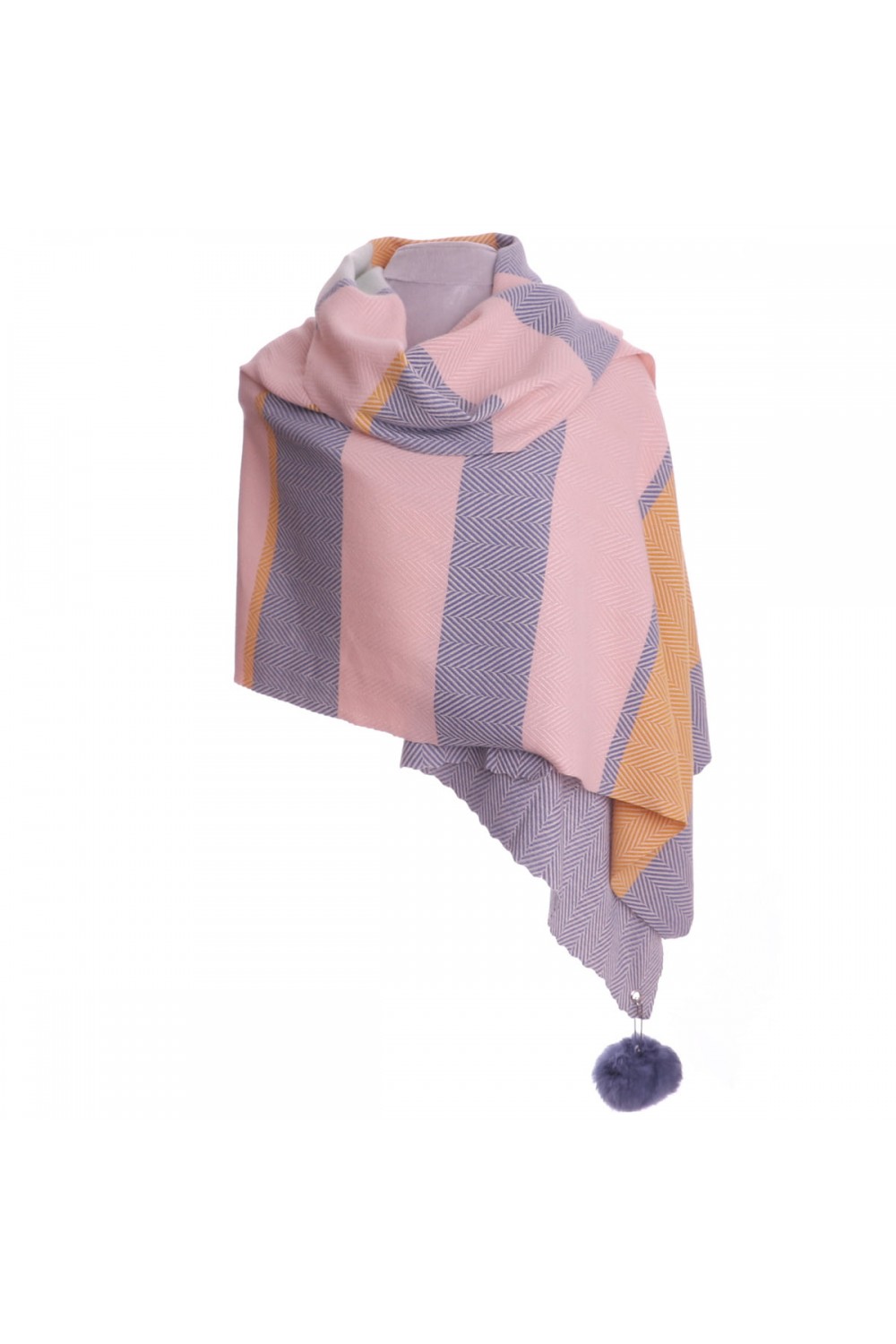 Zelly Reversible Herringbone Striped Scarf With Detachable Pompom Pink Multi